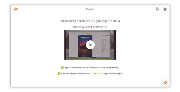 La schermata di benvenuto della webapp di Zeplin 