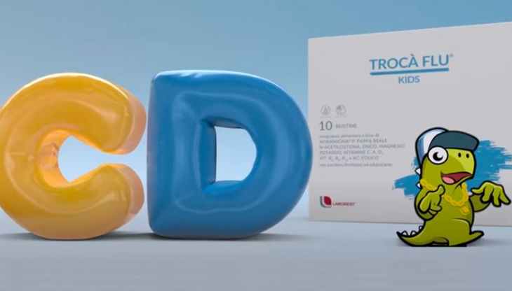 Un frame del nuovo spot Uriach Italy con il Sanosauro