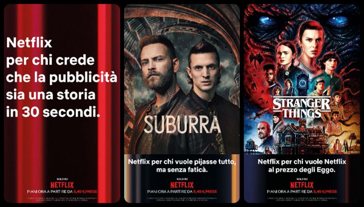 Alcuni dei soggetti della campagna Netflix a supporto del nuovo piano con pubblicità