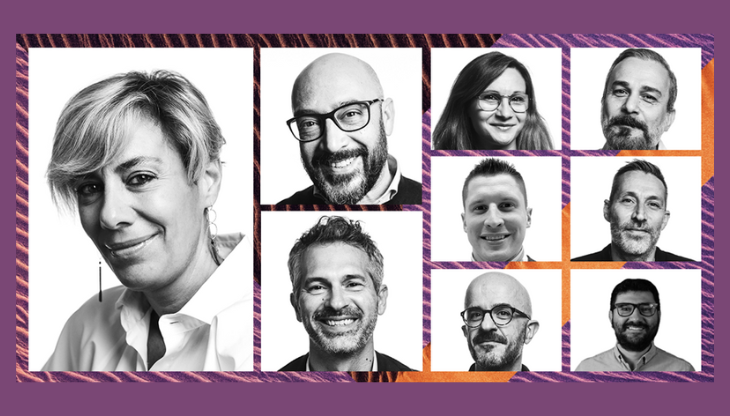 Da sinistra: Simona Maggini, Stefano Rossi (in alto) e Francesco Lucchetta (in basso) e i talenti di VMLY&R Italia