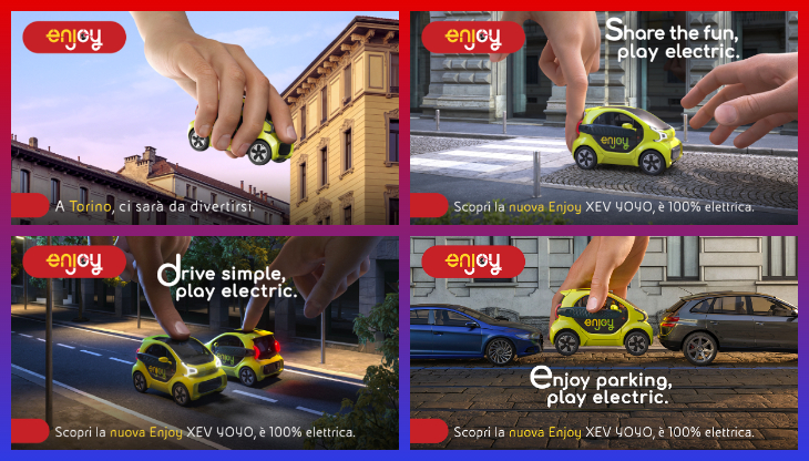 Il teaser e i tre soggetti della campagna Eni Enjoy dedicata al nuovo car sharing elettrico