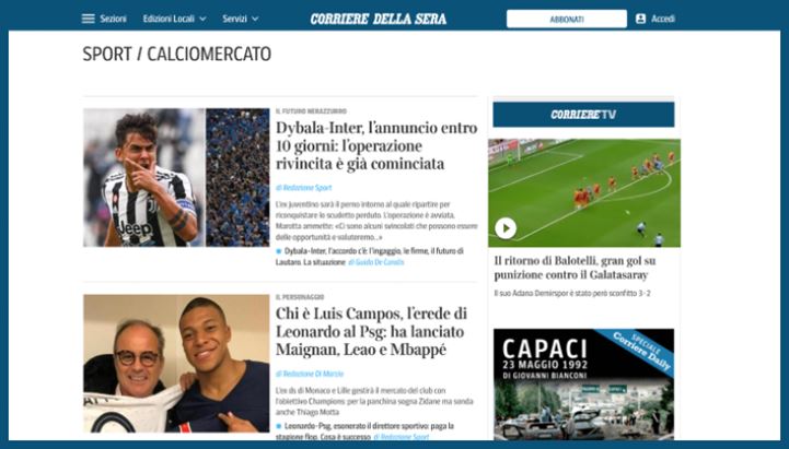 Un dettaglio della sezione Calciomercato di Corriere.it/sport