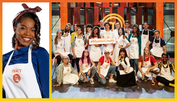 A sinistra, la vincitrice di MasterChef Italia 11 Tracy Eboigbodin. A fianco, i venti protagonisti dell'edizione 2022