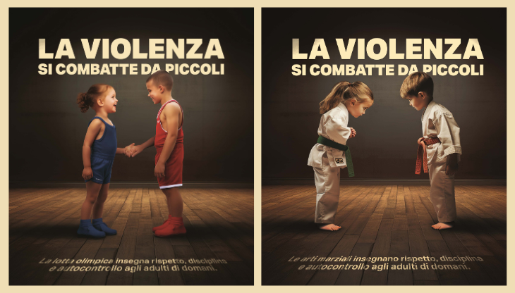 Due immagini della campagna Fijlkam realizzata da Dilemma