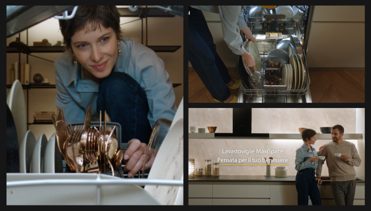 Alcuni frame dello spot “Tutto in unico carico, senza pensieri” dedicato alla lavastoviglie MaxiSpace di Whirlpool