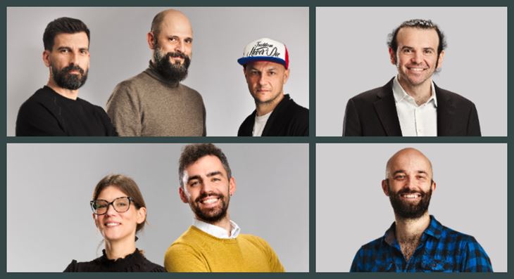 Da sinistra in alto, in senso orario, Azeglio Bozzardi, Riccardo Barbazza, Martino Lapini, Francesco Leogrande, Carlo Dodero, Luca Rastello e Francesca Comboni 