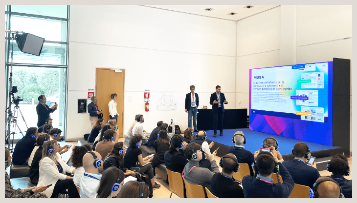 Francesco Marcellino (Partner) e Andrea Caridi (Senior Director Industrial Market) presentano Musa all'evento AI Week di Rimini