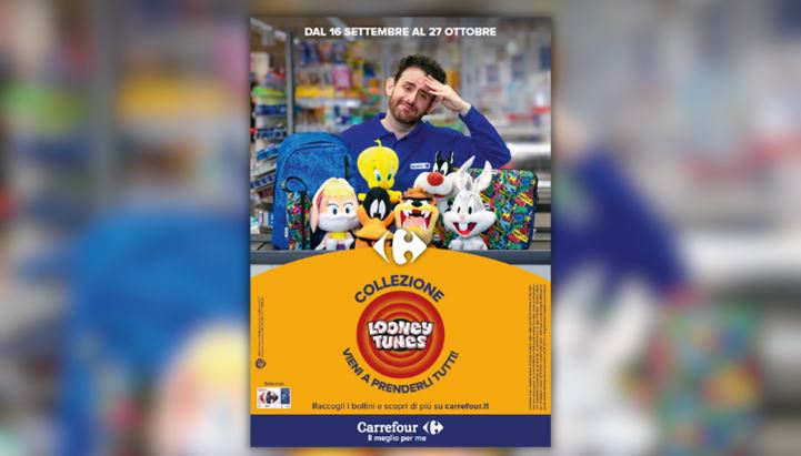 Un'immagine della campagna Carrefour “Stanno arrivando i Looney Tunes, vieni a prenderli tutti!” 