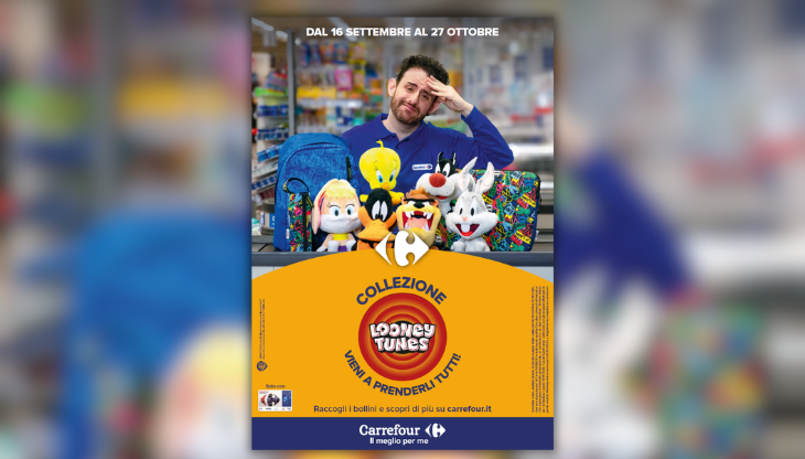 Un'immagine della campagna Carrefour “Stanno arrivando i Looney Tunes, vieni a prenderli tutti!” 