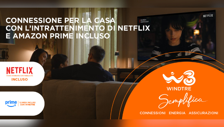 La nuova campagna di WindTre che mette insieme la velocità della Super Fibra e l'intrattenimento