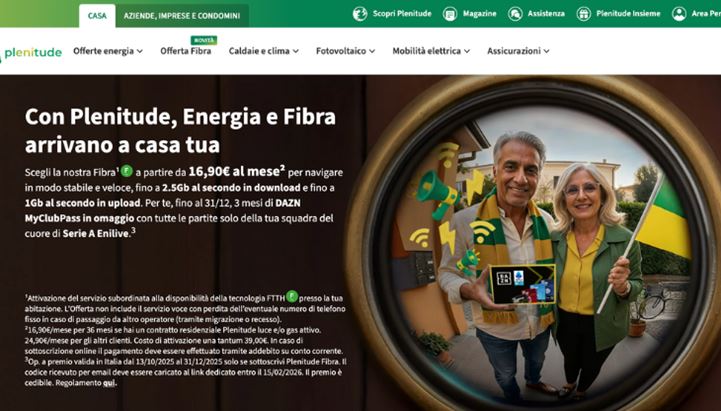 Uno screenshot della sezione del sito Plenitude dedicato alla Fibra