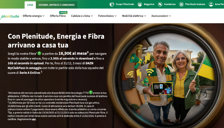 Uno screenshot della sezione del sito Plenitude dedicato alla Fibra