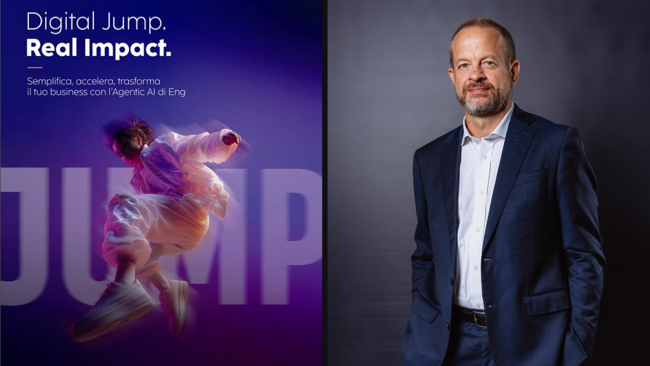 Il visual della campagna "Digital Jump" e Giorgio De Guzzis, Direttore Strategy, M&A e Marketing di Enginering