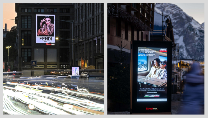 Nella foto: schermi digitali a Milano e Madonna Di Campiglio