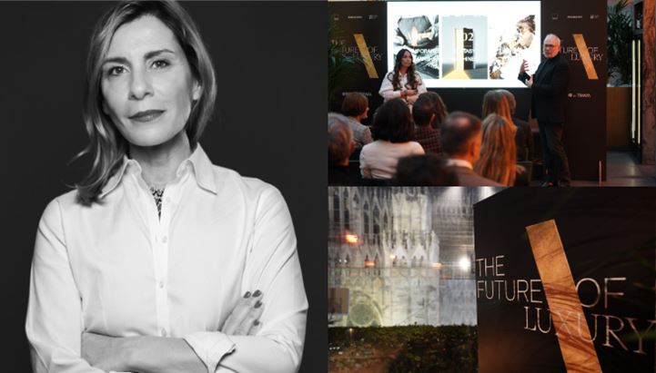 Fabrizia Marchi e due scatti della presentazione del report “Future of Luxury”