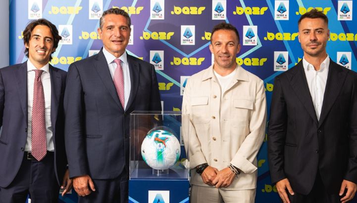 Da sx: Michele Ciccarese  e Luigi De Siervo di Lega Serie A, Alessandro Del Piero e Simone Giacomini di Bazr