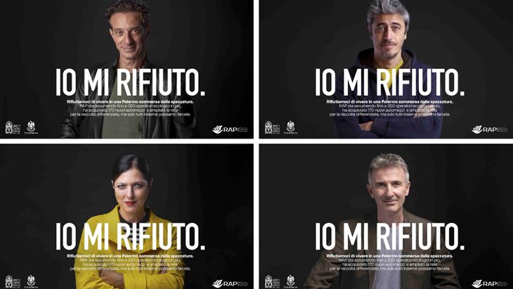 I volti della campagna di RAP: in alto da sx, Ficarra, Pif; in basso da sx, Stefania Petyx e Picone